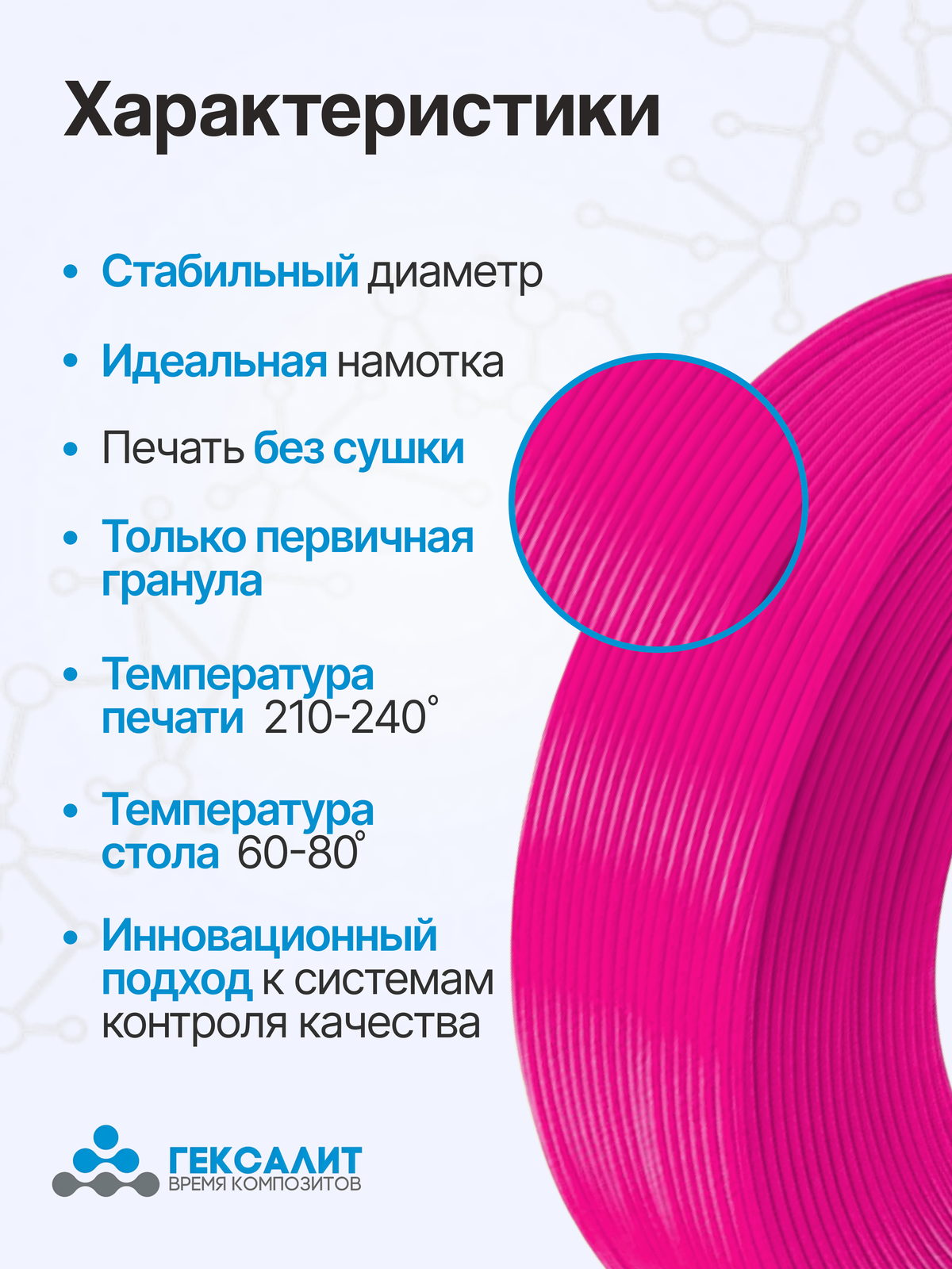 PETG-филамент «Гексалит» — Фуксия — Характеристики
