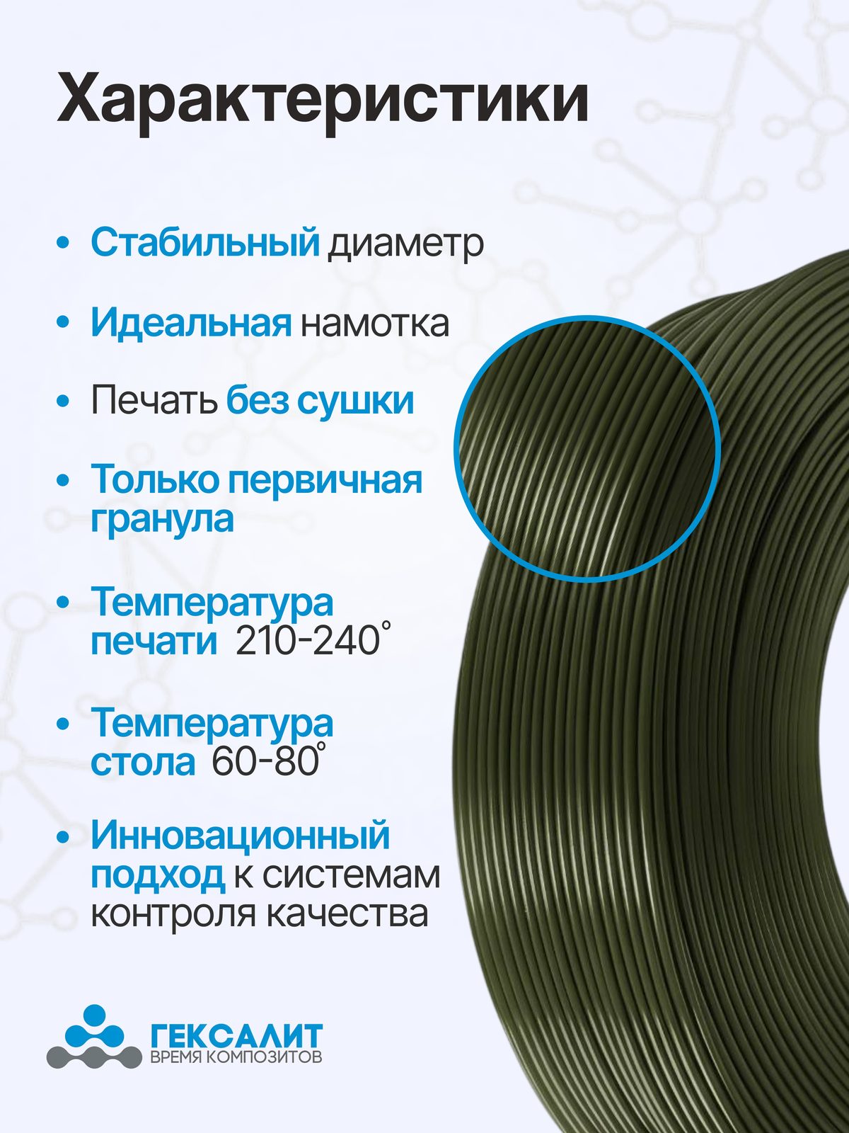 PETG-филамент «Гексалит» — Хаки — Характеристики