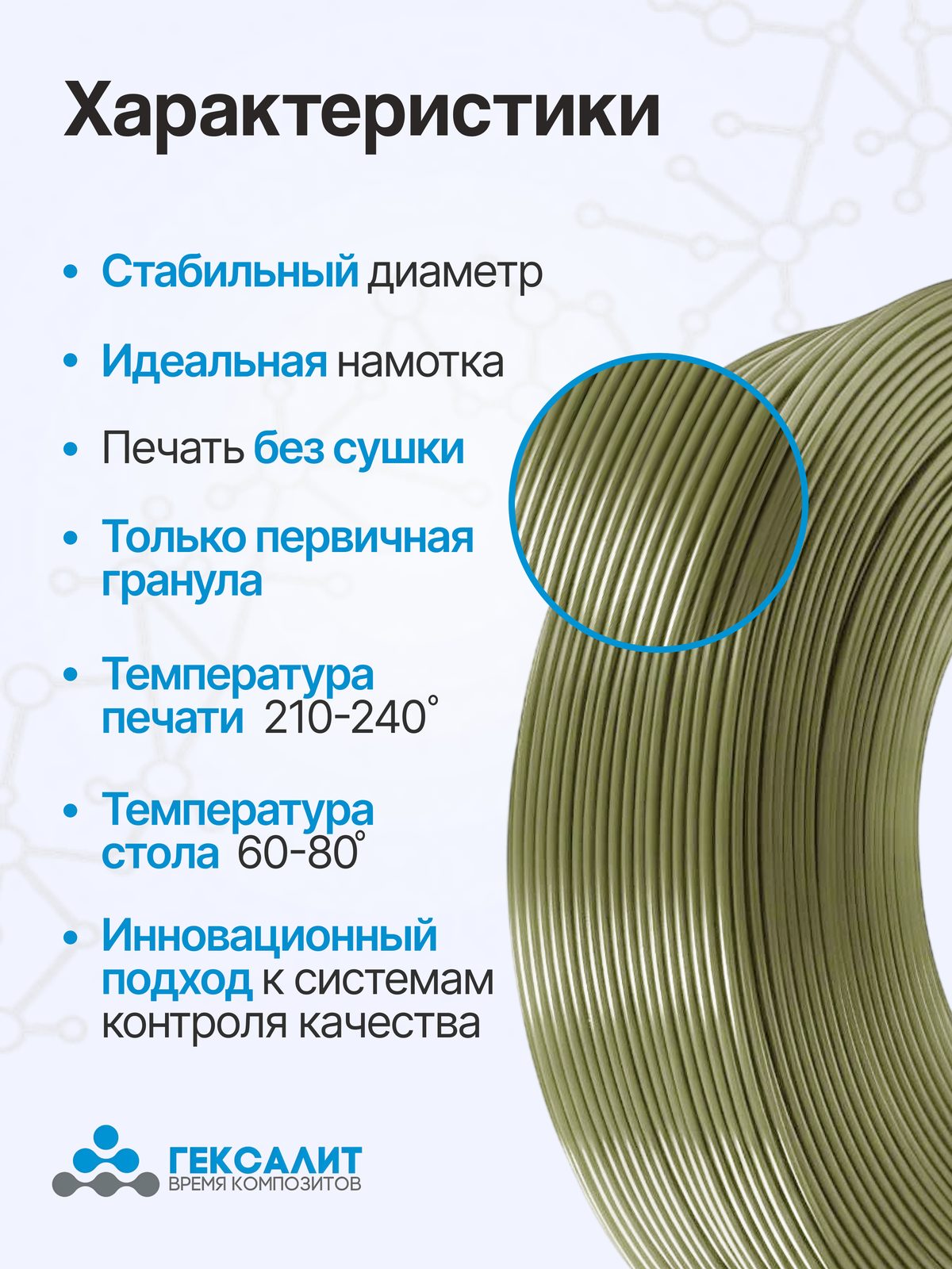 PETG-филамент «Гексалит» — Олива — Характеристики